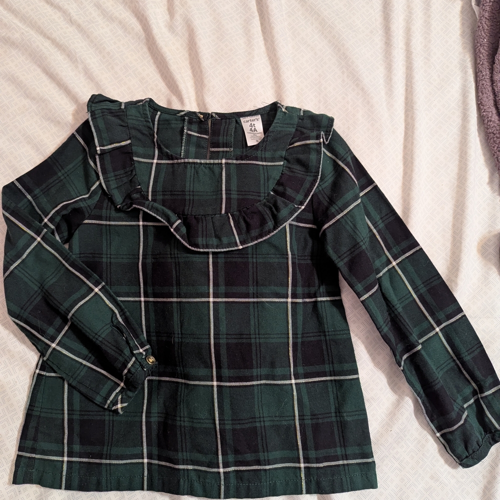 Cat & Jack Green Plaid Ruffle Blouse